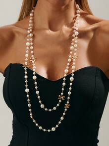 Delicate Double Layer Pearl Necklace, Golden Flower Design, Gift For Valentine's Day, Wedding, New Year