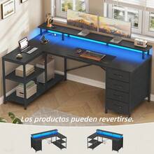 Escritorio reversible en forma de L con cuatro cajones e iluminación LED 130 cm de largo, con dos puertos USB y dos tomas de corriente. - Blanco - Ver 3