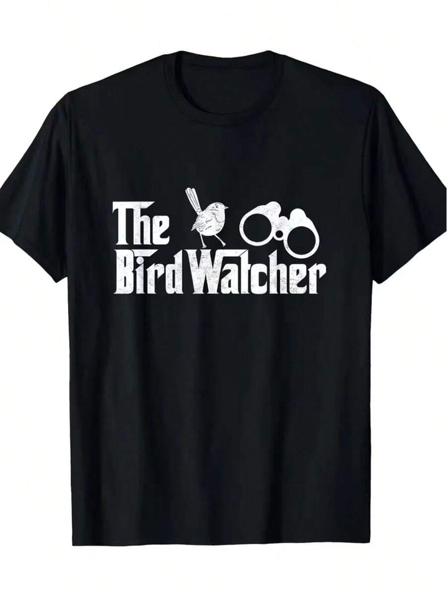 Camiseta de hombre divertida The Bird Watcher, cuello redondo, algodón, camiseta de verano, ropa de calle masculina, casual, suelta, vintage, de manga corta - Negro - Ver 1