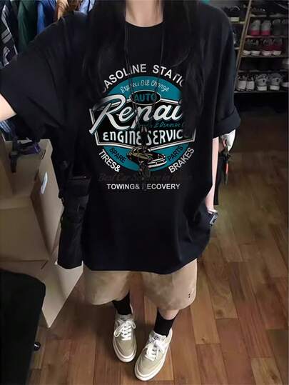 Y2K朋克风复古汽车修理图案宽松T恤，女款黑色休闲街头风上衣