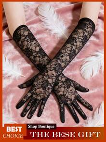 1Pair Black Lace Gloves, Elegant Tea Party Gloves, Women's Long Lace Mittens Gloves, Bridal Wedding Hand Decoration, Suitable Bachelorette Party And Wedding Decorative Gloves - 黑色 - 查看 6
