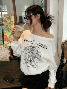 Women's Letter & Dance Shoes Print Drop Shoulder Long Sleeve Casual Ribbed Sweatshirt - White - View 4