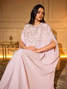 优雅长款阿巴雅，饰以仿珍珠和水钻锁子甲贴花，圆领蝙蝠袖，梭织面料，无弹力春季款 - 淺粉色 - 查看 3