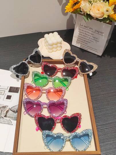 1pc Fashionable Bling Bling Heart-Shaped Crystal Transparent Jelly Color Fashion Glasses, Suitable For Single Party, Wedding, Daily Use, Valentine's Day Date, Engagement