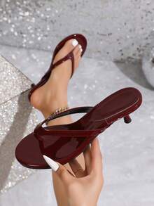 女士镜面人字拖高跟凉鞋，2026新款女士高跟鞋 - 酒紅色 - 查看 1