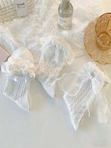 3双随机白色蕾丝荷叶边公主袜，女士款，高品质 - 彩色 - 查看 3