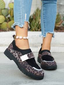 Classic Slip-On Leopard Print Buckle Strap Women Ankle Boots, Flat Short Booties - Light Grey - View 2