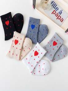 5 pares de calcetines de media pantorrilla con diseños de corazones y lunares, cómodos y transpirables para uso diario en pareja - Multicolor - Ver 12