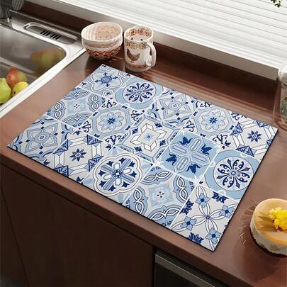 1pc Vintage Bohemian Style Printed Absorbent Mat/Drying Mat For Coffee Maker, Dishes - Polyester Absorbent Desktop Protective Mat With Rubber Anti-Slip Pad, For Kitchen Counter Decor, Home Bar And Dining Table