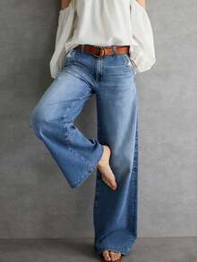 Women's Slim Fit Wide Leg Jeans (Light Wash - High Waist Loose Straight Leg), Women's Spring Denim Pants, Suitable For Daily Wear, Suitable For Family, Leisure And Outdoor Activities, Suitable For Slimming Cuts From Teenagers To Adults, Simple And Minimalist Design, Comfortable Full-Length Jeans - 藍色*旗艦款 - 查看 5