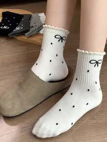 4 Pairs Women's Cute Bow, Heart, Polka Dot, Ruffle Edge Casual Mid-Calf Socks, Versatile For Spring/Summer - Multicolor - View 6