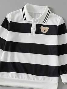 2 pezzi Set di polo a righe con stampa orsetto e pantaloni cargo per bimbi, outfit casual da esterno con tasche grandi, comodo e alla moda per primavera/autunno - nero - Visualizzare 7