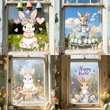 1pc Easter Static Window Cling Happy Bunny With Flowers Eggs And Hearts Pattern Glass Decoration Sticker Electrostatic No Glue Removable Waterproof PVC Double Sided Visual Decal For Living Room Kitchen Shop Window Spring Holiday Farmhouse Home Decor Adults - Multicolor - View 9
