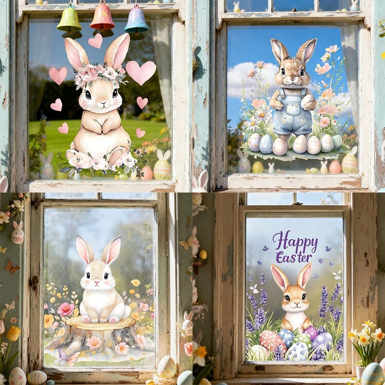 1片复活节静电窗贴，图案为快乐的兔子与鲜花、彩蛋和爱心，玻璃装饰贴纸，静电吸附，无需胶水，可移除，防水PVC双面视觉贴纸，适用于客厅、厨房、商店橱窗、春季假日、农舍家居装饰，成人适用。 - 彩色 - 查看 8