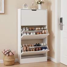 Shoe Cabinet With 3 Flip Drawers, Slim Wooden Shoe Storage Organizer For Entryway, Hallway & Living Room, Space-Saving Hidden Shoe Rack With Adjustable Shelves, Modern Entryway Furniture - 白色 - 查看 2