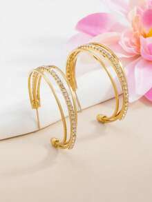 1 par de pendientes de mujer con diseño de triple línea incrustada de rhinestones, elegantes y de moda - Dorado - Ver 2