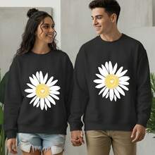 Sudadera de cuello redondo para parejas Flor de Margarita con Centro en Forma de Corazón 220g de algodón puro, modelo holgado y convencional Adecuado para todas las estaciones Puede usarse para el desplazamiento diario, hacer deporte y estar en casa impresión - Negro - Ver 4