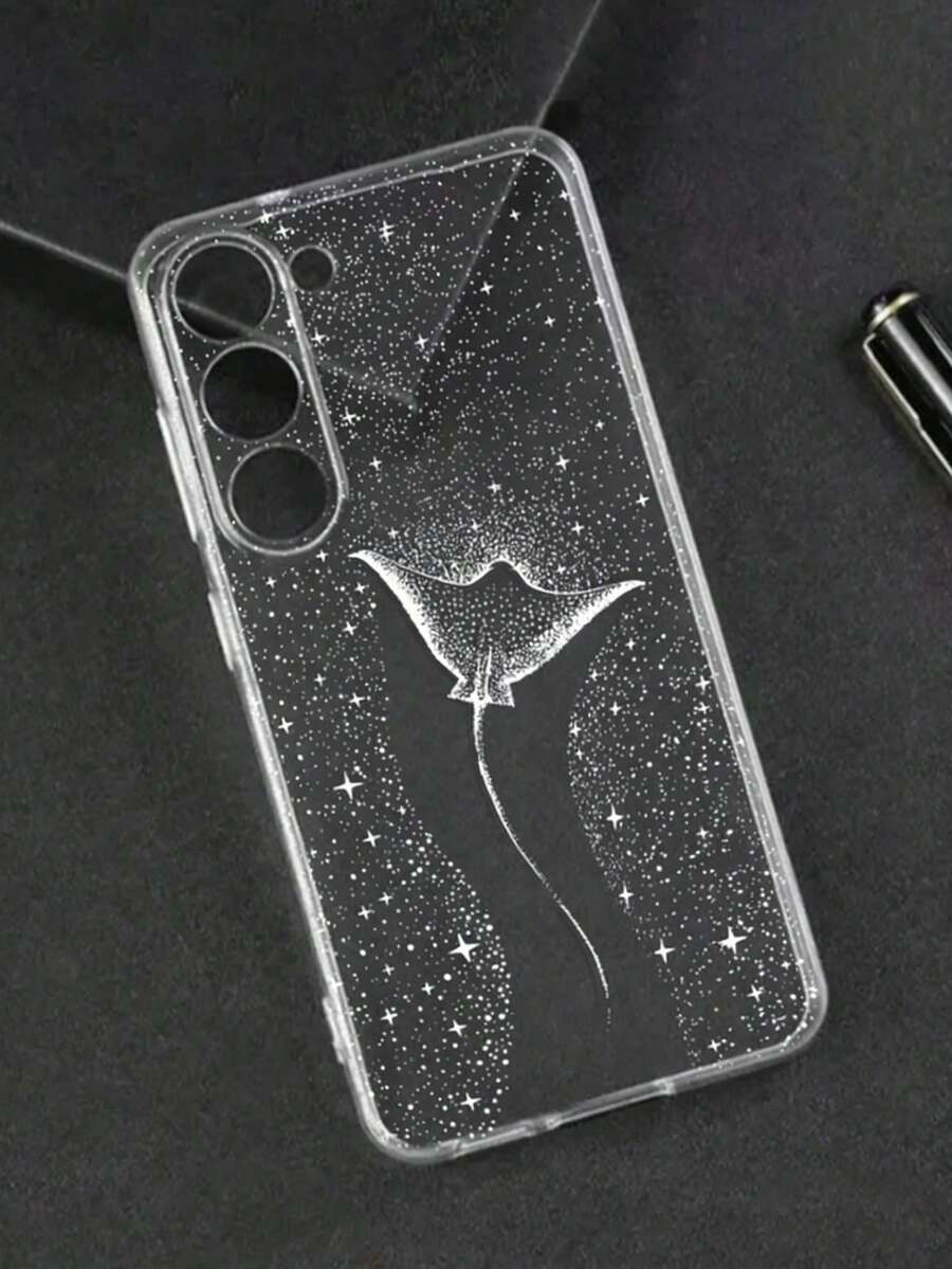 1pc Transparent TPU Soft Case With Bat Fish Starry Spotted White Ocean Painting Pattern, Fingerprint-Resistant, Camera Lens Protection, Compatible With Apple, Nothing, Pixel, INFINIX, Redmi - Multicolor - View 1