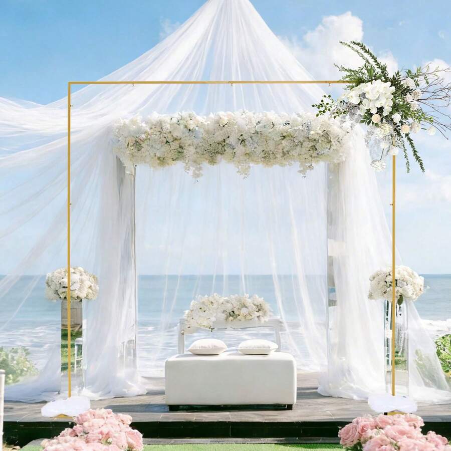 Adjustable Height Wedding Arch Backdrop Stand, 7.87ft Square Metal Frame, Gold Heavy Duty Photo Booth Background Stand For Parties Wedding Birthday Graduation Ceremony Anniversary Bridal Shower Decoration - 金金屬拱門 - 查看 1