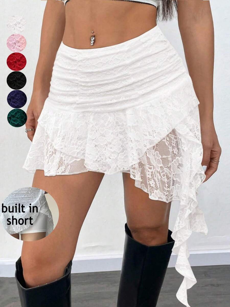 Women Summer White Lace Mini Skirt With Shorts- Low Rise Y2K Pleated Ruffle Fairy Skirt Chic Layered Asymmetrical Half Slip Skirts For Sports, Party, Vacation, Valentine's Day Outfit - 白色 - 查看 1