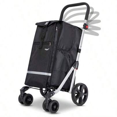 Hoppa 74L Lightweight Foldable Shopping Trolley On Wheels – Hard-Wearing Trolley Cart - Storage Trolly On Wheels – Sturdy 6 Wheels Collapsable Grocery Trolley Cart On Wheels (Black)