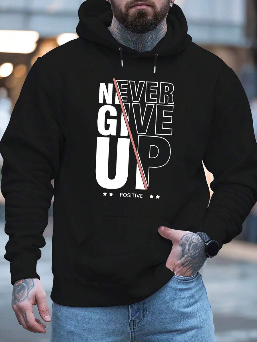 Stylish Black Pullover Hoodie With "Never Give Up" Positive Inspirational Slogan Graphic, Bold Typography Print For Casual Daily Motivational Outings & Urban Streetwear Hangouts - màu đen - Xem 1