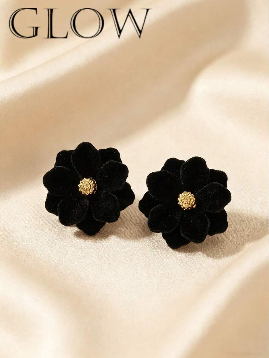 1对黑色优雅柔美花朵耳钉，适合少女日常佩戴和节日场合。 - 黑色 - 查看 1