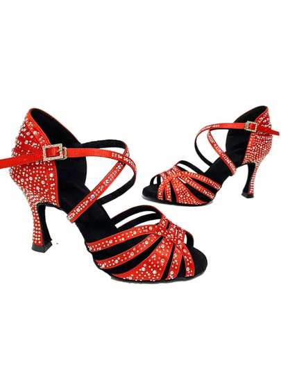 红色水晶拉丁舞鞋，9厘米室内绒面革鞋底，稳定耐穿，适合比赛、训练、舞蹈派对、莎莎舞、交谊舞等场合，女士款