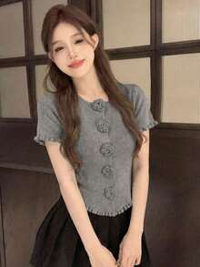 New 3D Floral Round Neck Short Sleeve Knit T-Shirt For Women, Asymmetrical Frill Trim Cropped Top, Spring/Summer - Gray - View 2