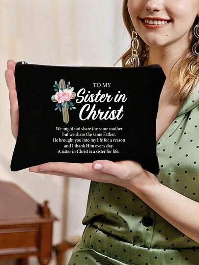 1pc Large Inspirational Christian Makeup Bag, Zippered Cosmetic Organizer, Perfect Gift For Women, Portable Zipper Makeup Storage Bag, Clutch Travel Toiletry Organizer Bag, Handbag, Girl'S Gift, Lightweight Foldable Storage Bag, Suitable For Personal Travel Cosmetics Storage, Travel Bag Toiletry Bag, Birthday, Travel Makeup Tools, Teacher'S Gift, Lover'S Gift, Birthday Gift, Travel Essentials, Dormitory Essentials, Meeting Daily Travel Needs