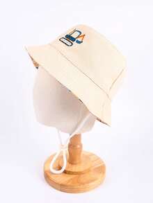 1顶儿童挖掘机印花双面渔夫帽，男女通用，适合日常户外防晒。 - 米色 - 查看 3