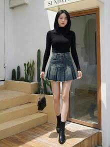 YEAE | YKK 复古蓝高腰百褶 A 字裙 - 深色水洗藍 - 查看 5