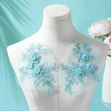 [Free Shipping]4Pcs Light Blue Floral Lace Applique Polyester Flower Embroidery Sew On Tulle Patches Vintage 3D Embroidered Soild Appliques For Sewing MaFKing Dresses Crafts Wedding Costumes Bridal Supply - LightBlue - 查看 5