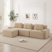 Living Room Sofa Made Of Corduroy, Boneless L-Shaped Sofa With Deep Seat, 3-Seater Modular Sofa With Ottoman, Corner Sofa For Living Rooms And Apartments, Assembly Not Included - Beige - View 2