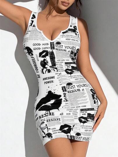 Vintage Newspaper Letter Print Sleeveless Bodycon Mini Dress, Y2K Streetwear Casual Summer Dress