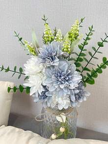 Flor de Rosa de Seda Artificial com Vaso para Decoração Doméstica, Casamento em Todas as Estações - Azul - Visão 3