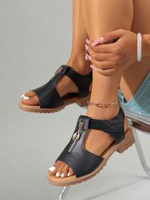 Damen Sandalen, klassische römische Strandsandalen, vielseitige Damenschuhe, minimalistisch elegant, Stil - Schwarz - Übersicht 1