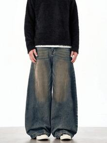1 buah Celana Jeans Pasangan Kasual Serbaguna Justice Brother Model Longgar dengan Potongan Lebar dan Tampilan Vintage Usang - Dusty Blue - View 4
