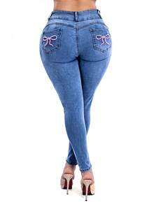 Y2K High-Waisted Slim Fit Jeans With Embroidered Bow & Metal Decor Details, Highlighting Feminine Charm, Versatile For All Seasons Casual - Medium Blue - View 5