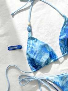 Bộ bikini hai mảnh gợi cảm, tối giản, thanh lịch, thường ngày, lãng mạn, thích hợp cho kỳ nghỉ, du lịch biển, tiệc tùng, in họa tiết toàn thân, đính hạt cườm, kiểu buộc dây cổ, dành cho nữ. - Màu xanh lam - Xem 2