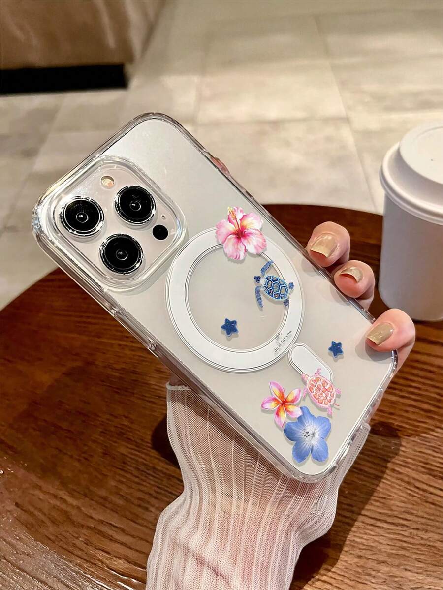 1个花卉海龟图案磁吸无线充电透明防摔手机壳，软硬材质，适合作为节日礼物，兼容iPhone 15/16 Pro/Pro Max/14/15/16 Plus，防指纹防刮花透明亮面保护套 - 彩色 - 查看 1