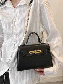 Fashionable Minimalist High-Quality Handheld Box-Shaped Flap Cover Small Square Bag With Metal Buckle, Snap Closure, Chain Strap, Suitable For Daily Outing And Commuting, Women Small Purse - Black - View 6