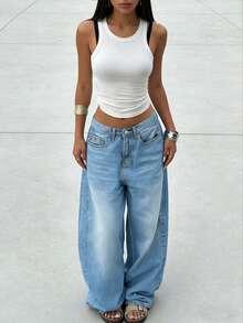Women's Casual Denim Jeans (Couple Style - Wide Leg Pants), Spring Fashion Denim Pants Suitable For All Seasons, Oversized Charcoal Gray, High Waist, Full Length, Casual Outdoor Pants, Multi-Functional Daily Wear, Valentine's Day Essential Women's Fashion Jeans Single Item Gift, Suitable For Family Leisure, Slimming For Teenagers To Adults, Minimalist Design, Durable Jeans - 藍色*升級旗艦款 - 查看 3