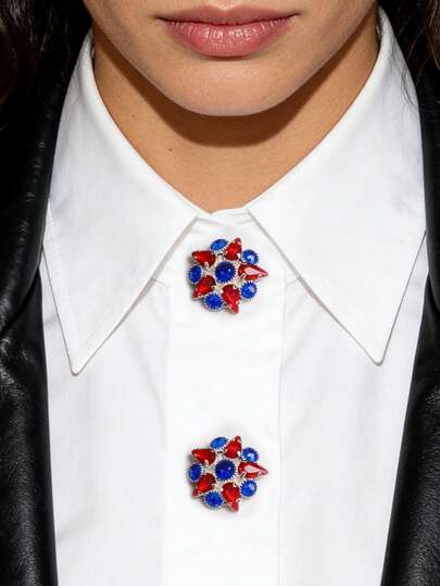 1Pc Fashionable Simple And Luxurious Set With Rhinestones, Red And Blue Geometric Stars Cufflinks, Women's Brooch Button Cover, Fashionable And High-End, Turtle Buckle, Cinch Clip, Tie Clip, Women's Accessories, Women's Party Light Luxury Show Temperament Clothing Cuff Cover, Suitable For Daily Use, Friend Gift, Couple Gift, Family Gift