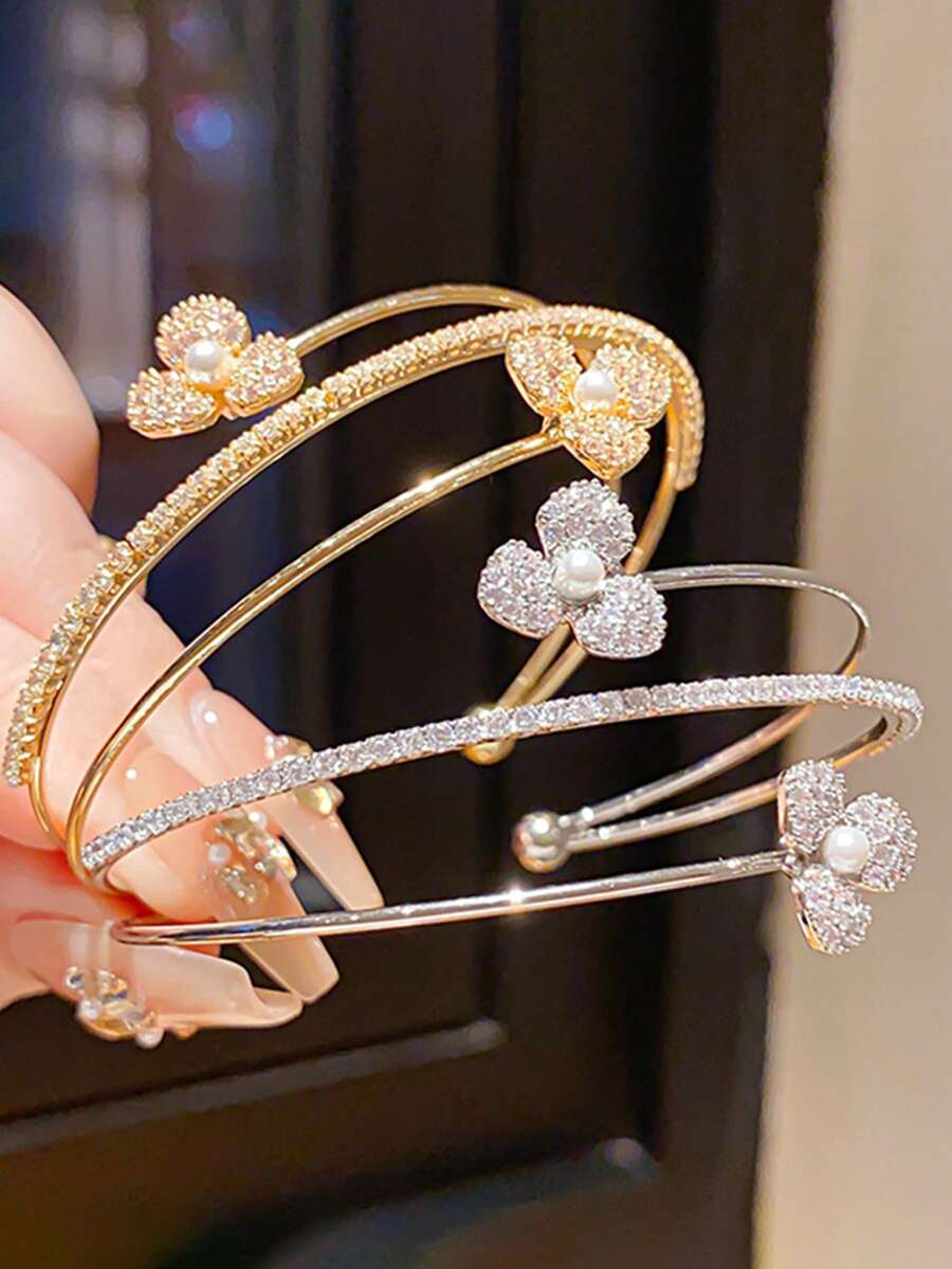 1 chiếc vòng tay hoa cỏ ba lá sang trọng, thời trang, nhiều lớp đính kim cương, vòng tay hở bằng đồng khảm kim cương thanh lịch, phù hợp cho phụ nữ đeo hàng ngày, dự tiệc, ngày lễ, hẹn hò, dự tiệc chiêu đãi, quà tặng Ngày Valentine, quà tặng Ngày của Mẹ, quà tặng kỷ niệm, quà tặng trang sức. - Vòng tay hở - Xem 1
