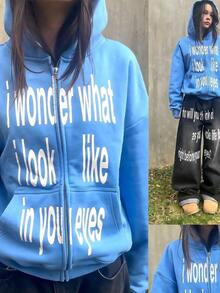 European And American Personality Letter Print Zipper Sweatshirt Long-Sleeved Pullover Hoodie Retro Jacket Street - Màu xanh lam - Xem 2