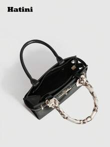 Bolso de mano tipo Kelly de moda con diseño de patchwork, bolso cuadrado pequeño con cierre de giro, bolso de hombro para ir al trabajo, bolso cruzado versátil, diseño de bloques de color vibrante, adecuado para ir al trabajo, citas, compras, ocio, vacaciones, festivales de música, fiestas - Negro - Ver 6