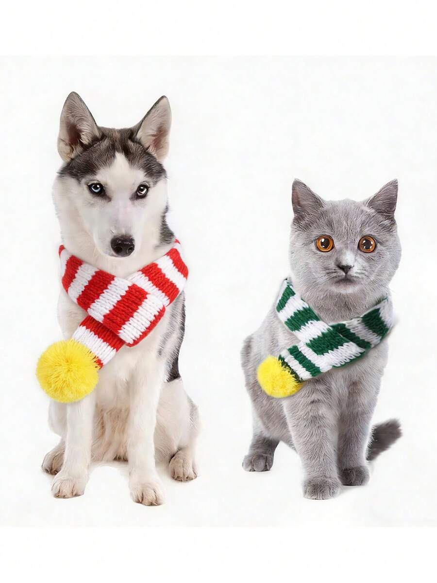 1pc Pet Scarf, Red & White Color Block, Suitable For Cats & Dogs, Warm & Comfortable Knitted Neckwear For Pets, Creative Christmas Gift For Poodle, Teddy, Cats - Multicolor - View 1