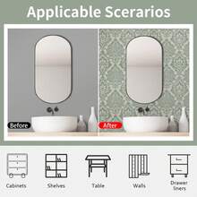 Papel de Parede Autoadesivo em Estilo Clássico Europeu (1 Rolo), Fundo Verde com Estampa Branca, 44 x 300 cm (17,32 x 118,11 polegadas), Vinil Removível, Adesivo de Parede Decorativo Vintage Barroco, Impermeável e Removível, Fácil de Instalar, Ideal para Sala de Estar, Quarto, Banheiro, Cozinha, Escritório e Decoração Elegante para Ambientes - Verde - Ver 4