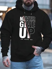 Stylish Black Pullover Hoodie With "Never Give Up" Positive Inspirational Slogan Graphic, Bold Typography Print For Casual Daily Motivational Outings & Urban Streetwear Hangouts - màu đen - Xem 13